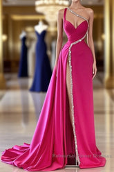 Elegant Long A-line One Shoulder Sweetheart Sleeveless Satin Semi Formal Dresses With Slit